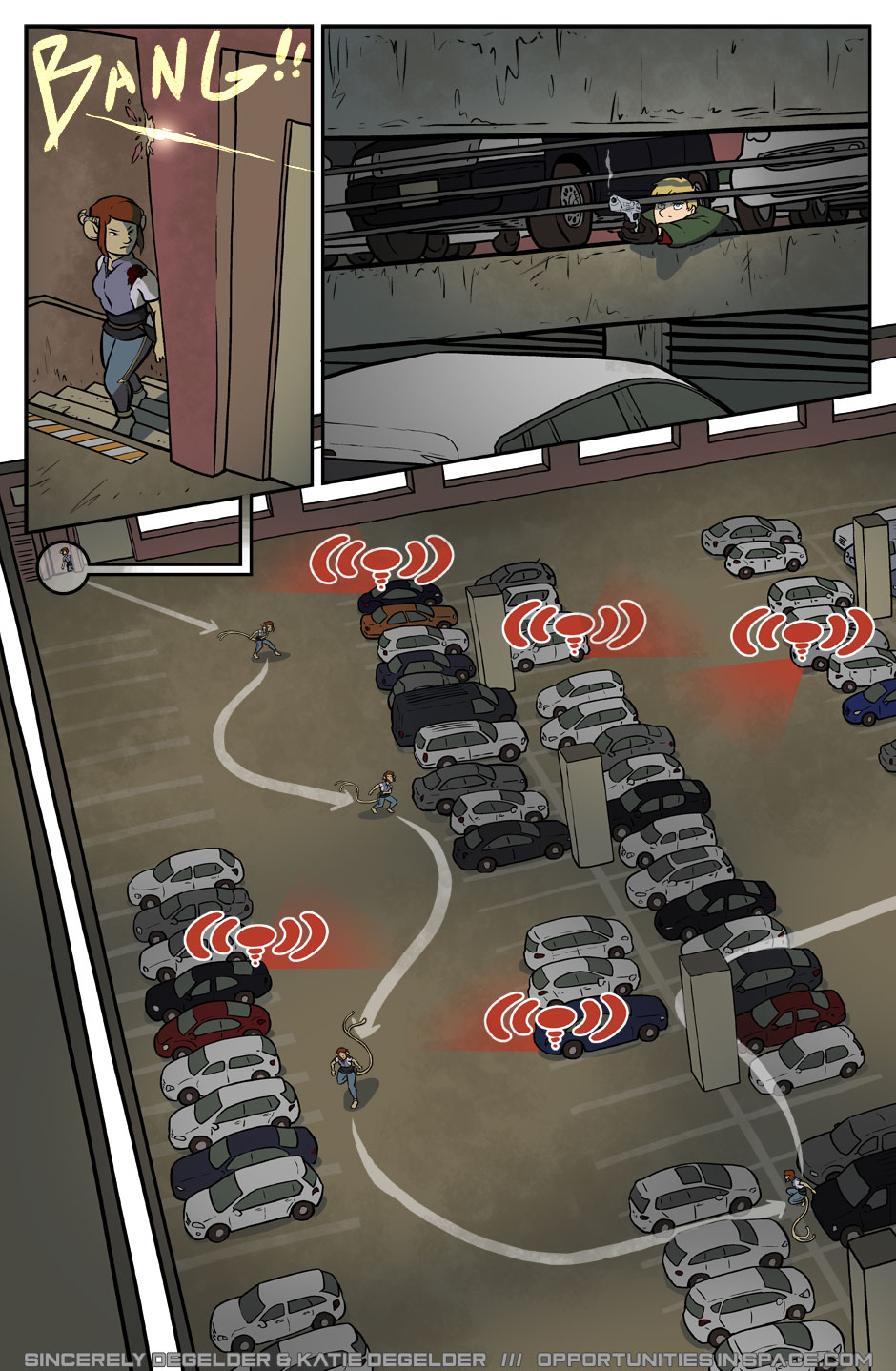 I asked Elli at least half a dozen times if it was okay if I wrote a long scene in a parking garage full of cars and she kept insisting that it was okay, so please do not call CPS (cartoonist protective services) on me.